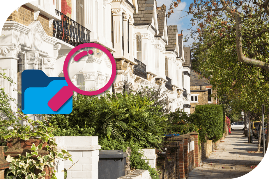 What are property searches illustrated with a row of houses, a magnifying glass and legal files